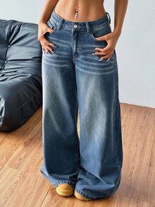Coolane Women's Casual Denim Jeans With Pockets, Loose Wide Leg - Black - View 6