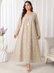 Al Najma Plus Size Women's Floral Embroidered Tassel Design Long Sleeve Elegant Arabian Dress - Khaki - View 7