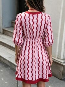 Flora Isola Flora Isola Casual Boho Vacation Pink Stripe Wavy Pattern Women's Short Dress Vacation Autumn - Red - View 2