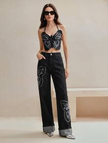 Anewsta Women's Personalized Fashionable Luxurious Embroidered Straight Leg Jeans - Black - View 4