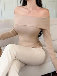 DAZY Autumn/Winter Champagne Off-Shoulder Open Shoulder Slim Fit Ribbed Knit Long Sleeve Bell Cuff Base Layer Sweater Date Party Flattering Women's Sweater - Apricot - View 7