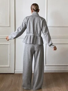 Livesso Women's 2pcs Casual Floral Bud Ruffle Trim Jacket And Pants Set Fall - Grey - View 2