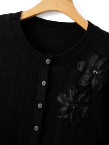 GlowEve CURVE Cardigan Formal Pagi Warna Hitam Motif Bunga 3D Elegan Ukuran Plus, Kerah Bulat, Kancing, Lengan Panjang, Cocok untuk Musim Semi dan Musim Dingin - Hitam - View 3