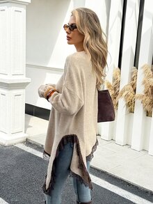 Serisse Women's Casual Lace Trim Asymmetric Hem Sweater, Autumn/Winter Fall Boho Chic Dark Academia Oversized Dark Brown Brunch - Apricot - View 4