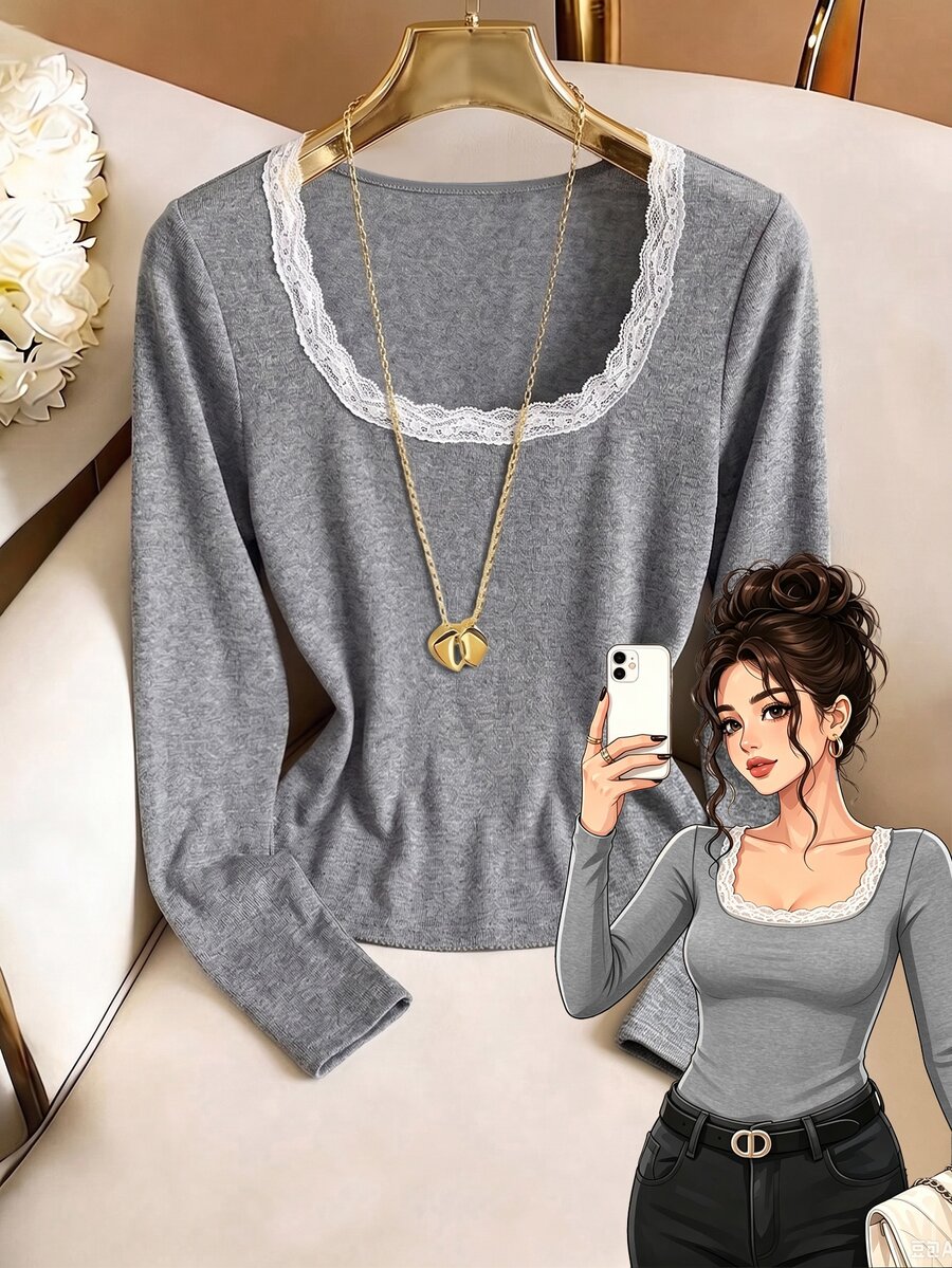 GlowEve CURVE Plus Size Long Sleeve T-Shirt With Lace Trim Neckline Fall - Dark Grey - View 1