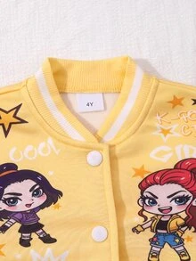 SHEIN Elladie kids 女童春秋嬰兒白色拼接棒球夾克，卡通女孩星星字母印花，羅紋立領，單排扣短版大學棒球夾克 - 黃色 - 查看 4