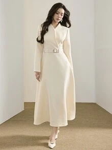 Heiryn Gaun Elegan Wanita Warna Polos Kerah V Lengan Panjang - Aprikot - View 1