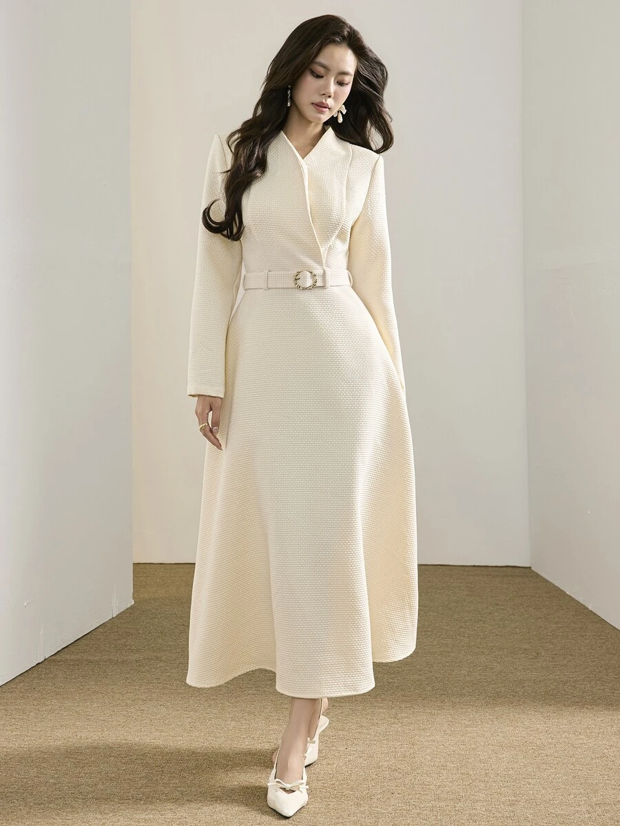 Heiryn Gaun Elegan Wanita Warna Polos Kerah V Lengan Panjang - Aprikot - View 1