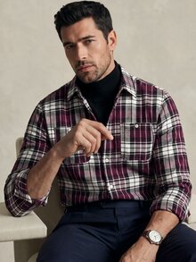 Lornavo Men's Plaid Long Sleeve Single-Breasted Casual Pocket Shirt Work White And Navy Autumn - Dusty Purple - View 6