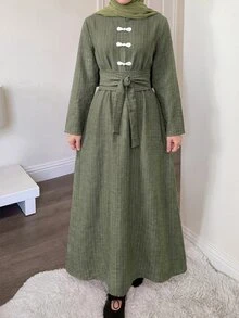 Solavon New Design Modern Chinese Style Frog Button Cinched Waist Slimming Elegant Daily Versatile Green Striped Dress - Army Green - View 6