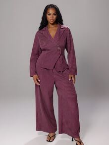 Rustia Plus Size Spring/Autumn Vintage Premium Fashion Striped Long Sleeve Waist-Cinching Slimming Blazer Suit Set - Burgundy - View 3