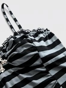 ROMWE Gothic Cross Pendant Romantic Lace Patchwork Ruched Fitted Women's Tank Top - Dark Grey - View 4