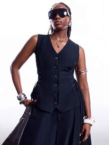 Solflare Plus Size Fashion Button Drawstring Tie Blazer Vest - Navy Blue - View 5