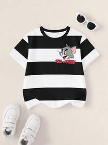TOM & JERRY X SHEIN تي شيرت للأولاد الصغار بطباعة كرتونية وخطوط بألوان متباينة - أبيض - مشاهدة 1