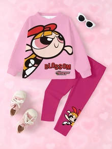 THE POWERPUFF GIRLS X SHEIN طقم سويت شيرت وبنطلون ليجنز بطبعة كرتونية للبنات الصغيرات - أبيض - مشاهدة 1