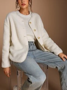 SHEIN BASICS Women's Solid Color Long Sleeve Single-Breasted Casual Regular Fit Jacket Travel Everyday Off-White Autumn Office Everyday Going Out - Apricot - View 4