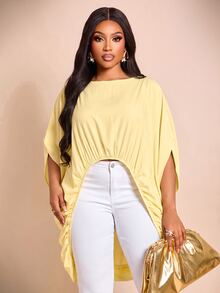 Brilight Batwing Sleeve Front Elastic Ruched Cutout Oversized Elegant Loose Blouse For Beach Going Out Vacation Casual Streetwe Pale Yellow Summer - Light Yellow - View 3
