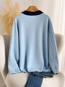 Elaquor Plus Size Elegant Traditional Navy Blue Commuter Date Club Formal Versatile Casual Minimalist Cable Knit Sweater Pullover Women Autumn/Winter - Blue - View 3