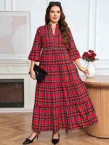 Easowa Curve Christmas Plus Size Women's Plaid Cutout V-Neck Ruffle Hem Dress - Multicolor - View 6