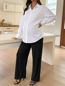 Dazy Maternity Solid Color Fitted Pleated Long Sleeve White Shirt Casual Korean Style Spring/Autumn Maternity Top - White - View 6