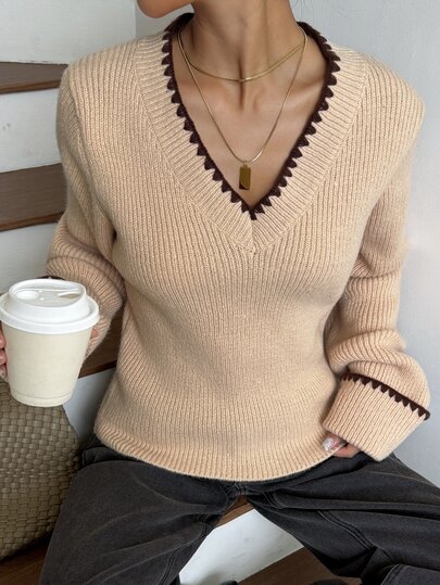 Livesso Women's Floral Trim V-Neck Long Sleeve Casual Sweater
