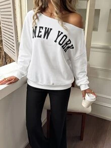 SHEIN 青少年女孩露肩字母印花衛衣黑色喇叭褲套裝，秋季穿搭，自由，冬季 - 黑與白 - 查看 3