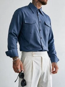 TONEVAULT Men's Solid Color Casual Versatile Daily Wear Shirt - Blue - View 5