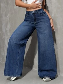 SHEIN Tall 女款休閒日常旅行牛仔褲，附口袋與鈕扣 - 中等水洗藍 - 查看 3