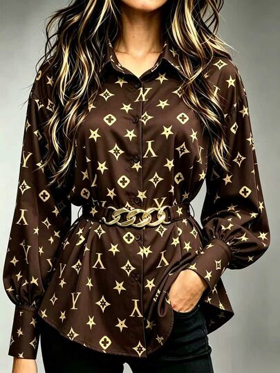 SHEIN Women's Blouse Loose Fit Gold Chain Belt Buttoned Lantern Sleeve Pointed Collar Modern Brown Star Letter Print Fall Clothes For Women Elegant Blouse