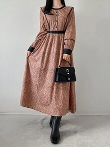FRIFUL Women's Rust Round Neck Long Sleeve Button Half-Placket Casual Vintage Elegant Midi Dress Brunch High Tea Autumn Winter High Tea Date Night - Brown - View 8