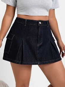 SHEIN ICON 大尺碼牛仔工裝鉛筆裙 - 深色水洗藍 - 查看 4
