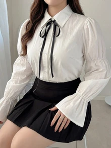 Dazy Plus Preppy Style Bowknot Lace-Up Flared Sleeve White Shirt, Spring/Autumn New Arrival - White - View 6