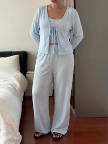 Dazy Plus Plus Size Women Solid Color Long Sleeve Front Tie Top, Camisole And Pants Casual 3 Pieces Pajama Set For Spring And Autumn - Baby Blue - View 7