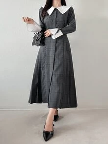 FRIFUL Women's Colorblock Plaid Casual Daily Summer Long Dress - Black and White - View 4