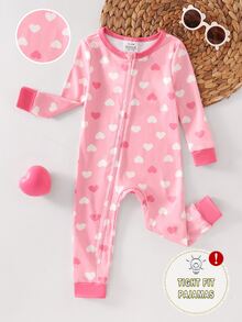 Infant Girl Comfortable Soft Heart Pattern Snug Fit Footed Romper, Cute Cow Print Long Sleeve Zippered Bodysuit, Soft Skin-Friendly Spring/Autumn Home Wear - Dusty Pink - View 6