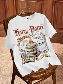 HARRY POTTER X SHEIN 女款字母卡通印花休閒日常短袖T恤 - 白色 - 查看 1
