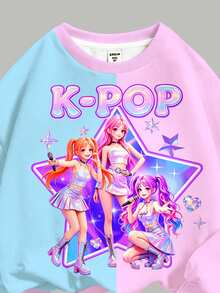 SHEIN 女童小女孩休閒復古K-卡通女孩拼接圖案圓領長袖衛衣與內搭褲2件套，適合秋冬 - 彩色 - 查看 6
