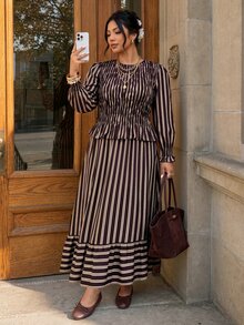 Lounesse Plus Size Striped Ruched Waist Blouse And Long Skirt 2 Pieces Set Brunch Evening Formal Chocolate Brown Autumn Elegant Casual Elegant - Multicolor - View 3