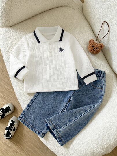 SHEIN Playful Pals Baby Boy 2pcs College Style Outfit, Long Sleeve Textured Polo Shirt & Elastic Waist Denim Pants Set
