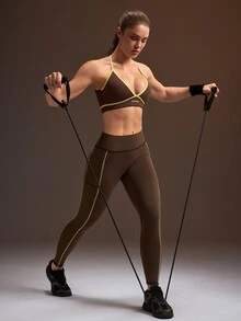 Powerista حمالة صدر رياضية نسائية بتصميم كتل لونية وحواف بدون ظهر برباط عنق - بني - مشاهدة 7
