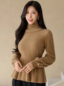 DAZY Women's Elegant Solid Color Stand Collar Sweater, Autumn/Winter Long Sleeve Tops - Brown - View 4