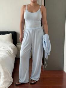 Dazy Plus Plus Size Women Solid Color Long Sleeve Front Tie Top, Camisole And Pants Casual 3 Pieces Pajama Set For Spring And Autumn - Baby Blue - View 3