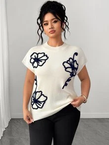 Elenzga Women's Spring/Summer New Single Piece Round Neck Sleeveless Machine Embroidered Floral Pattern French Style Elegant Loose Regular Fit Knit Pullover Lady Daily Versatile Fashion Plus Size Top - Beige - View 3