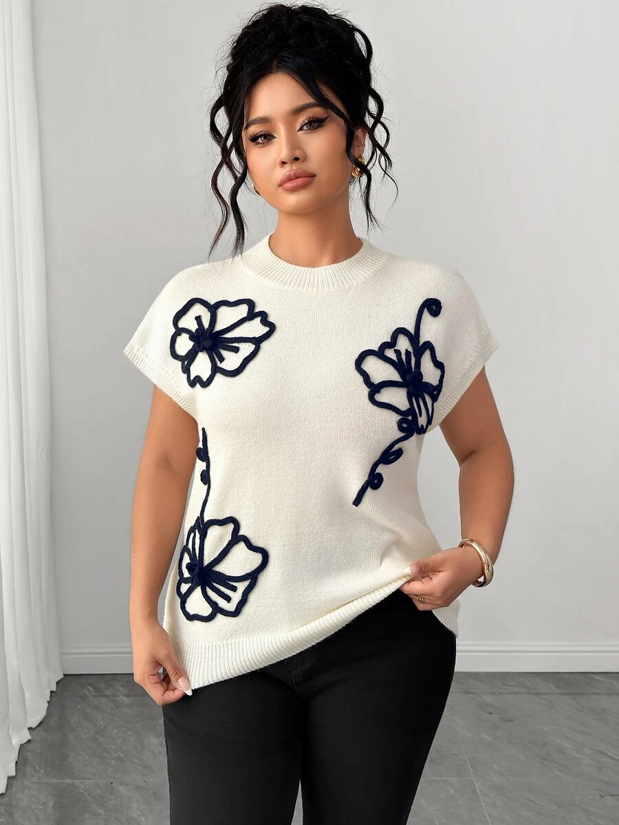 Elenzga Women's Spring/Summer New Single Piece Round Neck Sleeveless Machine Embroidered Floral Pattern French Style Elegant Loose Regular Fit Knit Pullover Lady Daily Versatile Fashion Plus Size Top - Beige - View 1