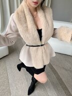 Colorblock Patchwork Plush V-Neck Loose Long Sleeve Lapel Tie Waist Belt Slim Fit Cinched Waist Elegant Commute Overcoat Jacket Winter