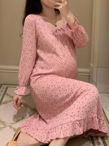 Dazy Maternity 碎花寬鬆套頭長袖荷葉邊下擺休閒日常居家春秋冬孕婦洋裝 - 粉色 - 查看 4