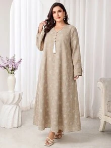 Al Najma Plus Size Women's Floral Embroidered Tassel Design Long Sleeve Elegant Arabian Dress - Khaki - View 10