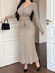 DAZY Women's Elegant Commute Long Sleeve Top And Skirt 2 Pieces Set, Autumn - Apricot - View 4