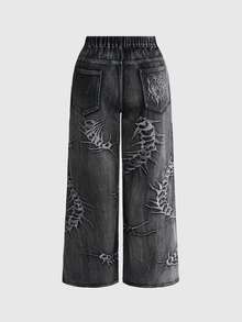 ROMWE Grunge Punk Plus Size Casual Washed Embroidered Denim Jeans - Black - View 2