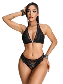 AltBold Romantic Lace Front Closure Halter Neck Lingerie Set 2pcs - Black - View 5